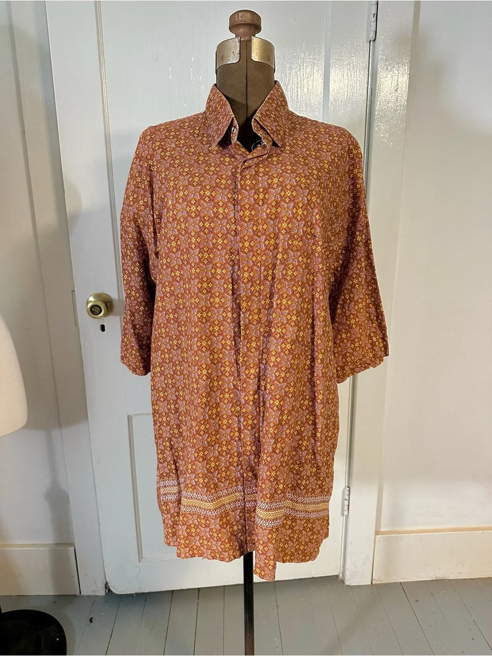 Men's Casual Button-Down Shirt in Rust Floral Print Batik Vintage